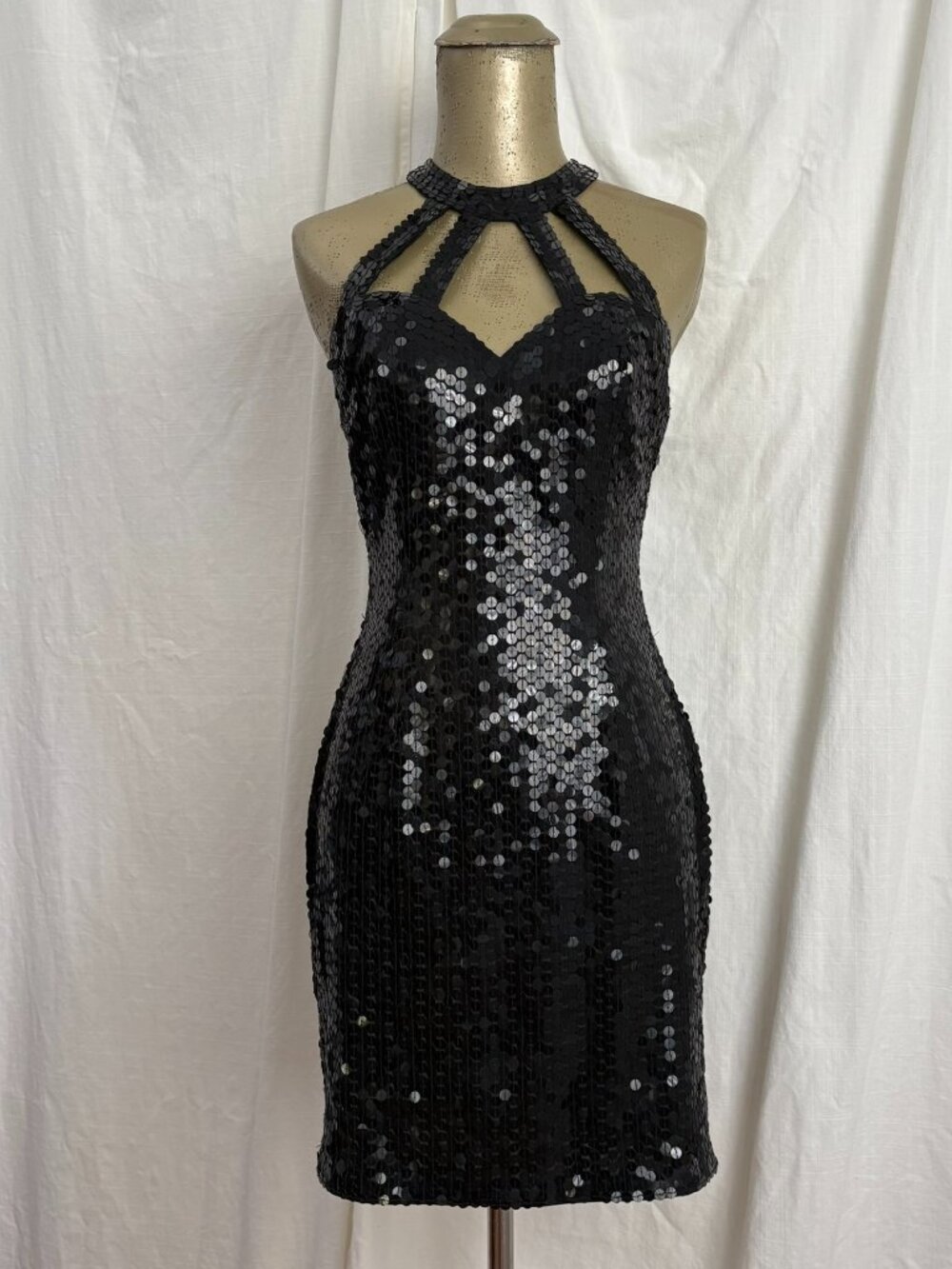 Vtg 90s Niteline Della Roufogali Black Sequin Cocktail Mini Dress 4 Halter Party